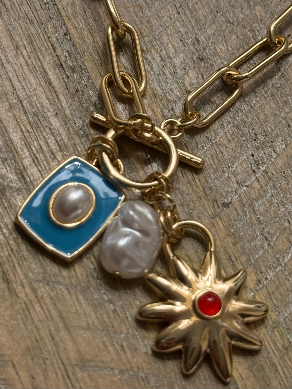 New mayamar Gold Chain Charm Necklace with Turquoise, Pearl & Sun Charm - Picture 3 of 5